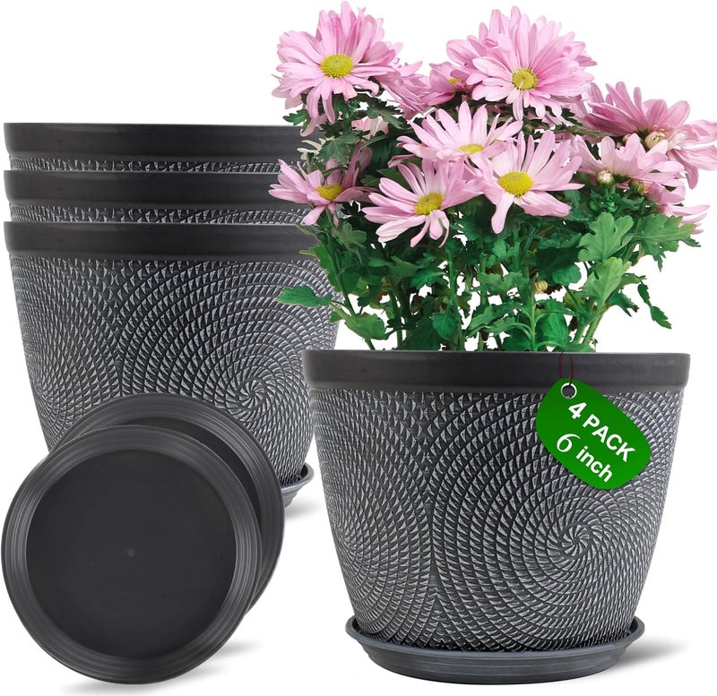 Quarut 4 Pack 6 Inch Flower Pots Planters for Outdoor Indoor, Plastic Plant Pots with Drainage Hole & Tray, Modern Decorative Garden Pot with Saucer, planters for House (Gray) - Image 1